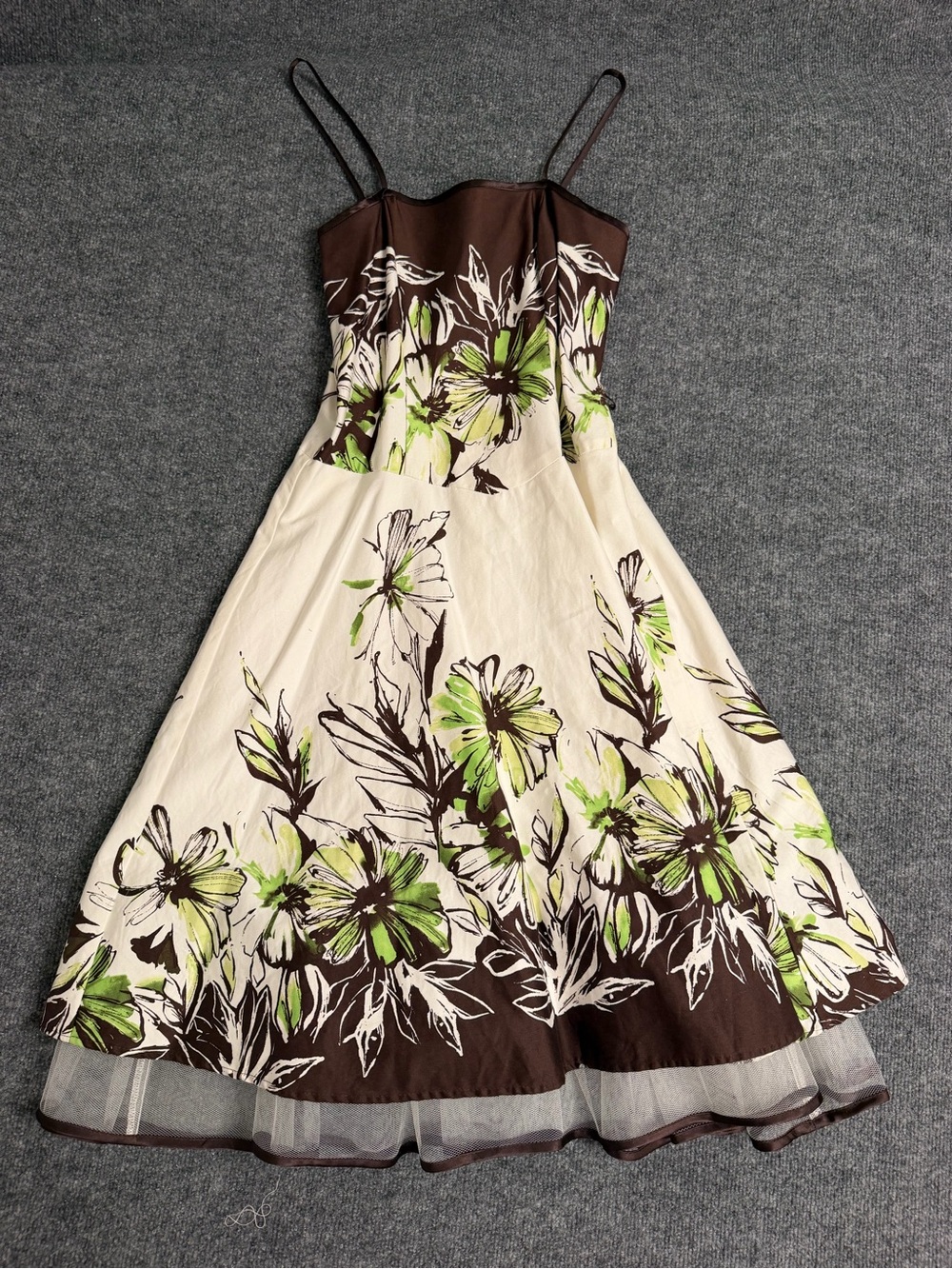 Dress Barn Brown, Cream & Green Floral Spaghetti-Strap Midi Dress